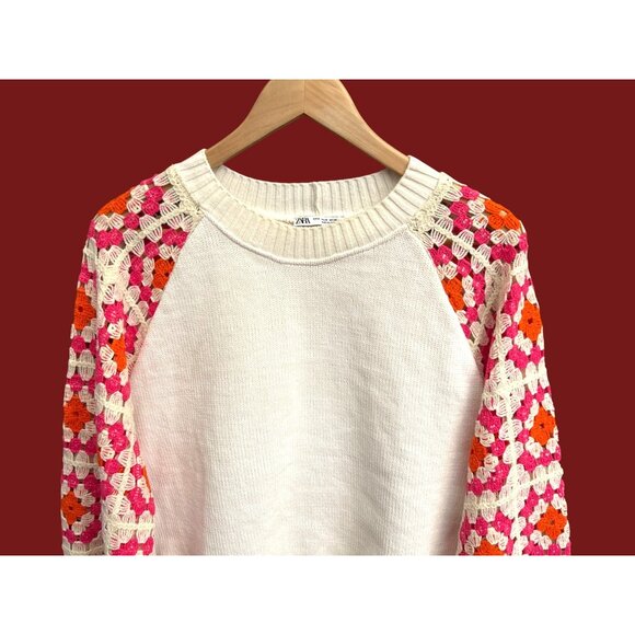 Zara Crochet Sleeve Granny Square Sweater Boho Retro Colorful Knit Pullover - Picture 3 of 8